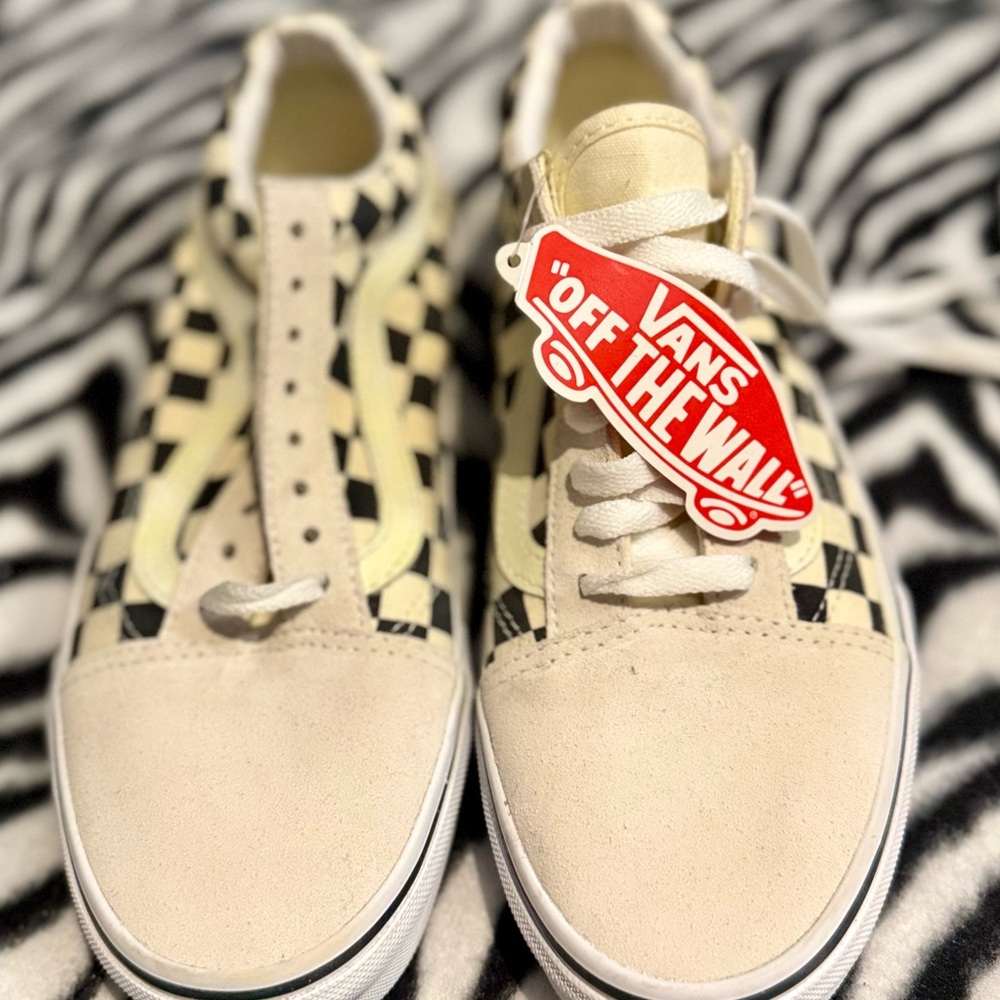 Vans Women's Cream and Black Checkerboard Sneakers